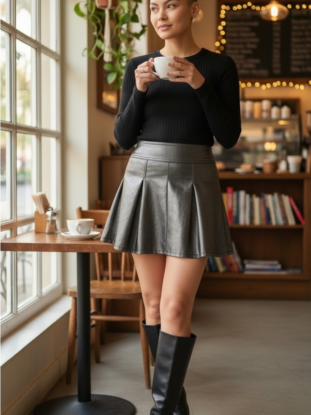 Celebrity Pink S-  metallic gray Faux Leather Pleated Skater Skirt